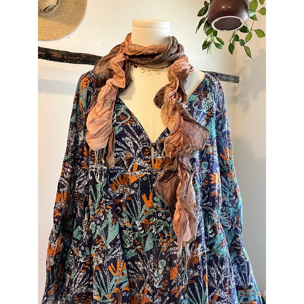 Sevya Brown & Pink Ruffled Silk Cotton Tassel Trim Wrap Scarf Summer Spring